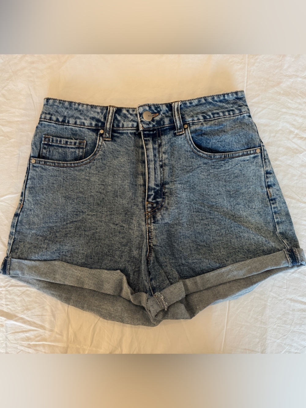 High-Rise Light Wash Rolled Hem Denim Shorts